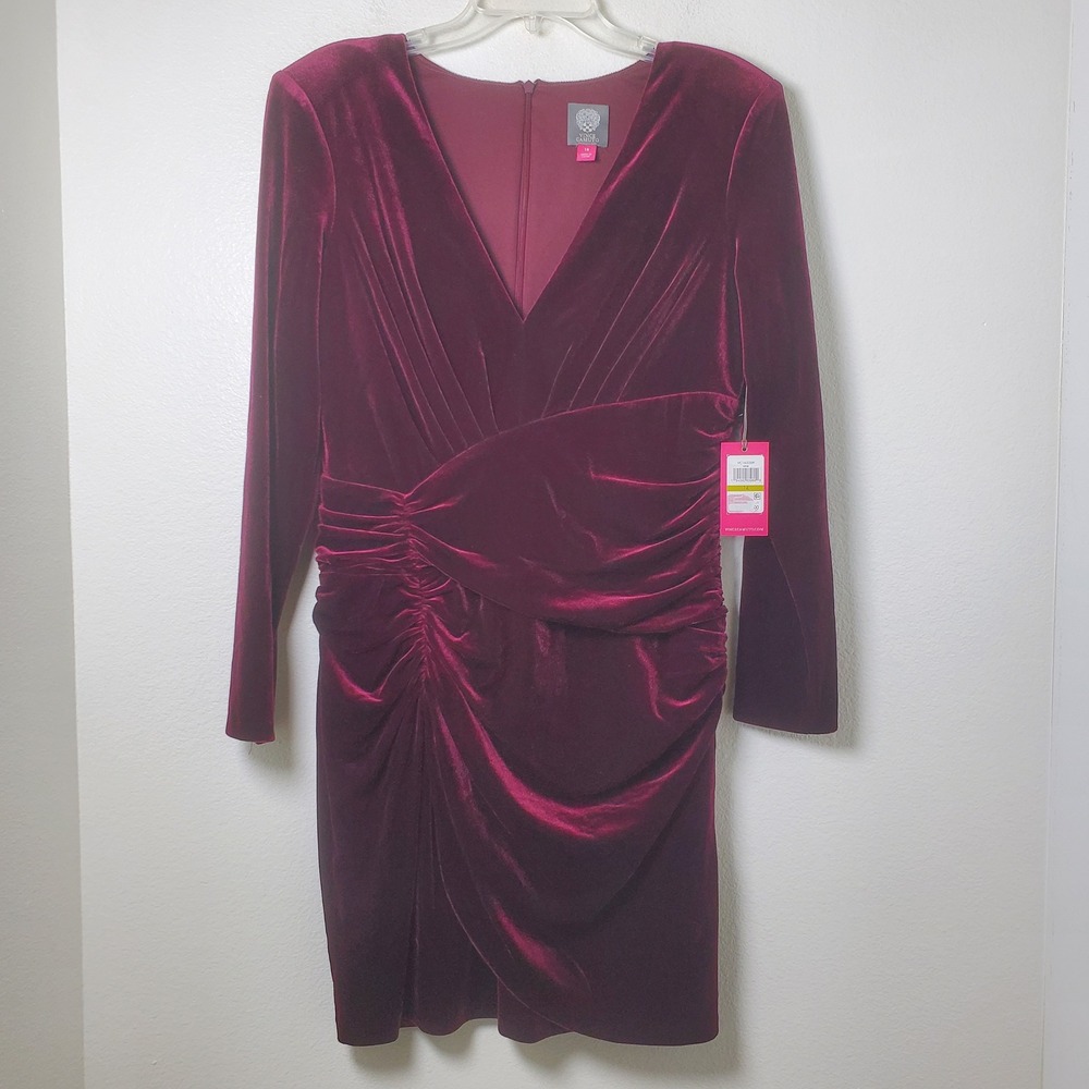 Vince Camuto Womens Wine Red Stretch Velvet Ruched V-Neck Dress Size 14 VC1M3209 - Picture 10 of 10